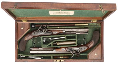 Lot 253 - A FINE CASED PAIR OF 35 BORE FLINTLOCK DUELLING PISTOLS BY J. BLANCH, LONDON, CIRCA 1820