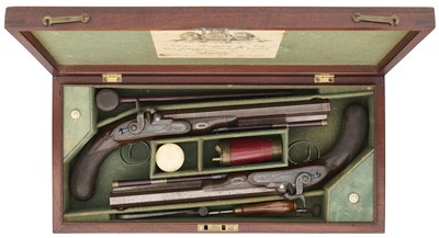 Lot 258 - A FINE PAIR OF 38 BORE PERCUSSION DUELLING PISTOLS BY JOHN MANTON & SON, DOVER STREET, LONDON