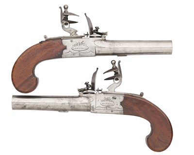 Lot 255 - A RARE AND UNUSUALLY LARGE PAIR OF FLINTLOCK BOX-LOCK OVERCOAT PISTOLS BY MATHER, NEWCASTLE