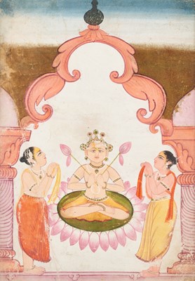 Lot 27 - AN AVATAR OF VISHNU FLANKED BY TWO DEVOTEES, RAJASTHAN, NORTH INDIA, CIRCA 1800