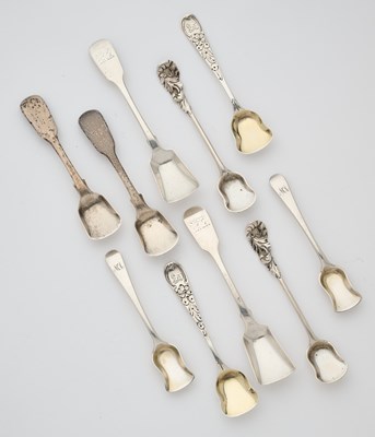 Lot 696 - FIVE PAIRS OF VICTORIAN SILVER CONDIMENT SHOVELS, VARIOUS TOWNS AND MAKERS, 1841-85