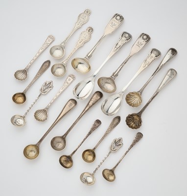 Lot 697 - NINE PAIRS OF VICTORIAN SILVER CONDIMENT SPOONS, VARIOUS MAKERS, 1839-76