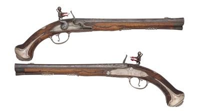 Lot 246 - A RARE PAIR OF ROYAL DANISH 22 BORE FLINTLOCK SILVER-MOUNTED HOLSTER PISTOLS FROM