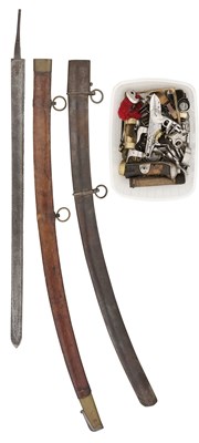 Lot 615 - A FRENCH FLINTLOCK MECHANISM FOR A MILITARY MUSKET, AND A GROUP OF VARIOUS MUSKET AND SWORD PARTS