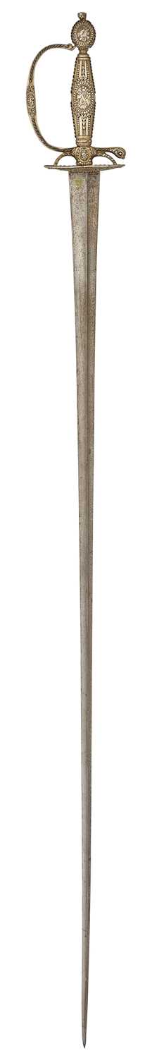 Lot 52 - AN ENGLISH SILVER-GILT HILTED SMALL-SWORD, INDISTINCT SILVER MARKS, LATE 18TH CENTURY