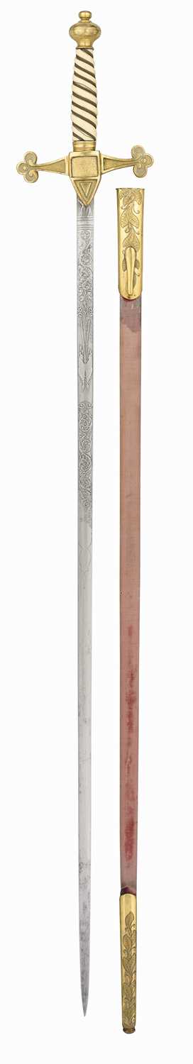 Lot 94 - A GILT COPPER ALLOY-MOUNTED ROBE SWORD RETAILED BY MEYER & MORTIMER, CONDUIT ST., LONDON