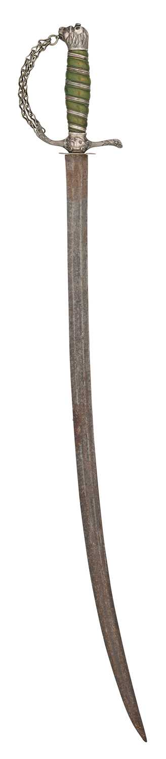 Lot 92 - AN ENGLISH SILVER-MOUNTED HUNTING HANGER, INDISTINCT SILVER HALLMARKS AND MAKER’S MARK, CIRCA 1770
