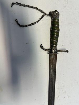 Lot 92 - AN ENGLISH SILVER-MOUNTED HUNTING HANGER, INDISTINCT SILVER HALLMARKS AND MAKER’S MARK, CIRCA 1770