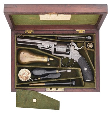 Lot 260 - A CASED 80 BORE PERCUSSION SINGLE-ACTION FIVE-SHOT REVOLVER OF BENTLEY TYPE RETAILED BY