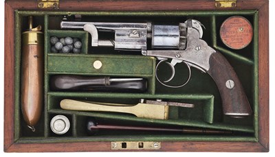 Lot 259 - A RARE CASED 90 BORE PERCUSSION BENTLEY PATENT SELF-COCKING FIVE-SHOT REVOLVER RETAILED BY J. SMITH