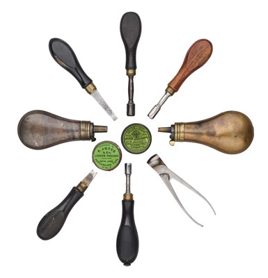 Lot 620 - A GROUP OF ACCESSORIES RELATING TO PERCUSSION REVOLVERS, MOSTLY MID-19TH CENTURY