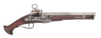 Lot 220 - A RARE 20 BORE EARLY SPANISH MIQUELET-LOCK BELT PISTOL, DATED 1660