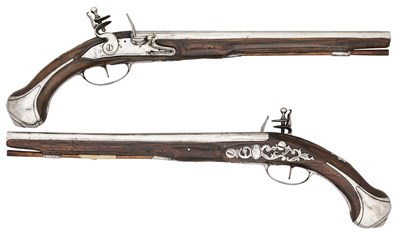 Lot 215 - A PAIR OF EUROPEAN 24 BORE FLINTLOCK HOLSTER PISTOLS, EARLY 18TH CENTURY, PROBABLY FRENCH