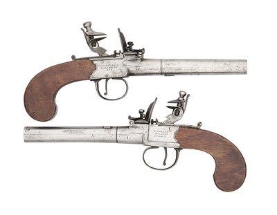 Lot 203 - A RARE PAIR OF 60 BORE FLINTLOCK BOX-LOCK PISTOLS FOR THE POLICE OFFICE