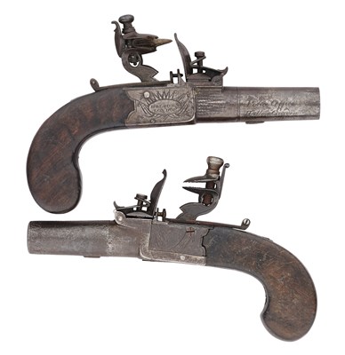 Lot 202 - TWO RARE 45 BORE FLINTLOCK BOX-LOCK POCKET PISTOLS FOR THE POLICE OFFICE, HATTON GARDEN