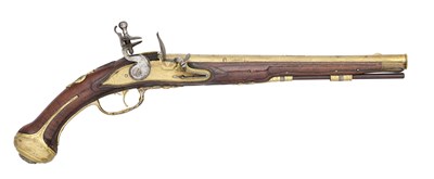 Lot 205 - A HIGHLY UNUSUAL SAXON 28 BORE FLINTLOCK HOLSTER PISTOL WITH ORMOLU BARREL, LOCK AND MOUNTS