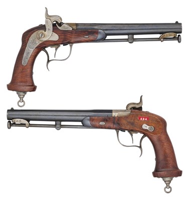 Lot 229 - A PAIR OF RUSSIAN 14 BORE PERCUSSION DELVIGNE SYSTEM MODEL 1848 OFFICER’S PISTOLS WITH ANGLED BUTTS