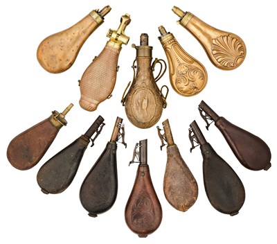 Lot 624 - SIX VARIOUS POWDER-FLASKS, AND TEN VARIOUS SHOT-FLASKS, MOSTLY MID-19TH CENTURY
