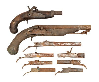 Lot 628 - TWO PERCUSSION MILITARY PISTOLS, AND VARIOUS ANTIQUE PISTOL PARTS, 18TH/19TH CENTURY