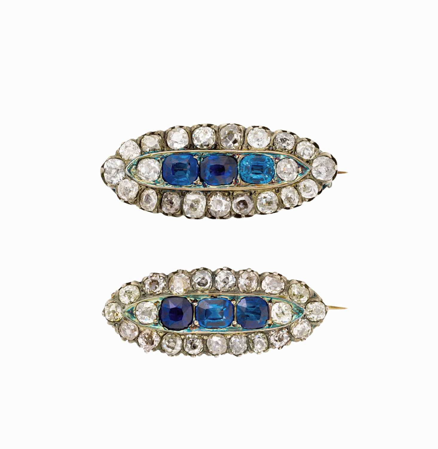 Lot 381 - PAIR OF VICTORIAN SAPPHIRE AND DIAMOND BROOCHES, 1890s