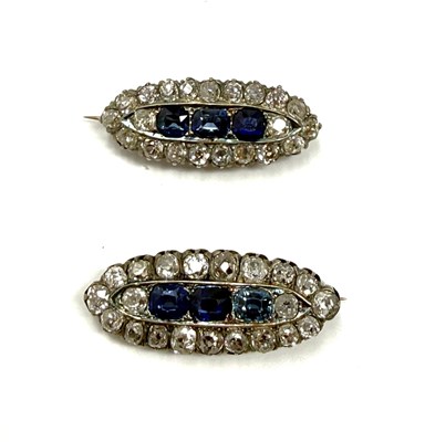 Lot 381 - PAIR OF VICTORIAN SAPPHIRE AND DIAMOND BROOCHES, 1890s