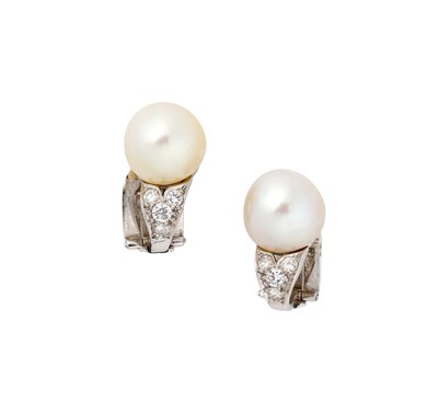 Lot 364 - PAIR OF NATURAL AND CULTURED PEARL AND DIAMOND EAR CLIPS, 1930s