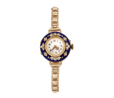 Lot 302 - LADY'S GOLD, ENAMEL AND DIAMOND WATCH, 1890s