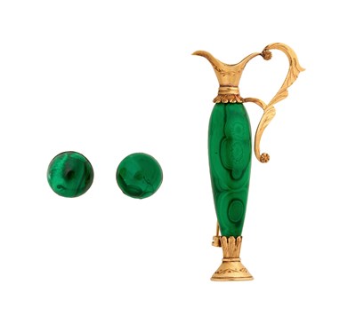 Lot 337 - MALACHITE BROOCH AND PAIR OF EAR STUDS, 1960s