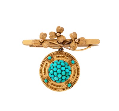 Lot 312 - VICTORIAN GOLD AND TURQUOISE LOCKET, 1850s AND BAR BROOCH 1908