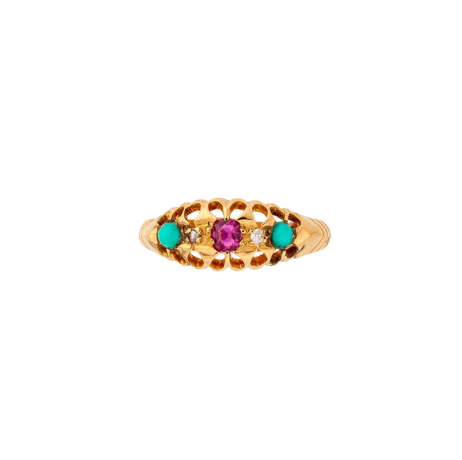 Lot 322 - EDWARDIAN GOLD, RUBY, TURQUOISE AND DIAMOND RING, 1906
