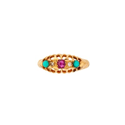 Lot 322 - EDWARDIAN GOLD, RUBY, TURQUOISE AND DIAMOND RING, 1906
