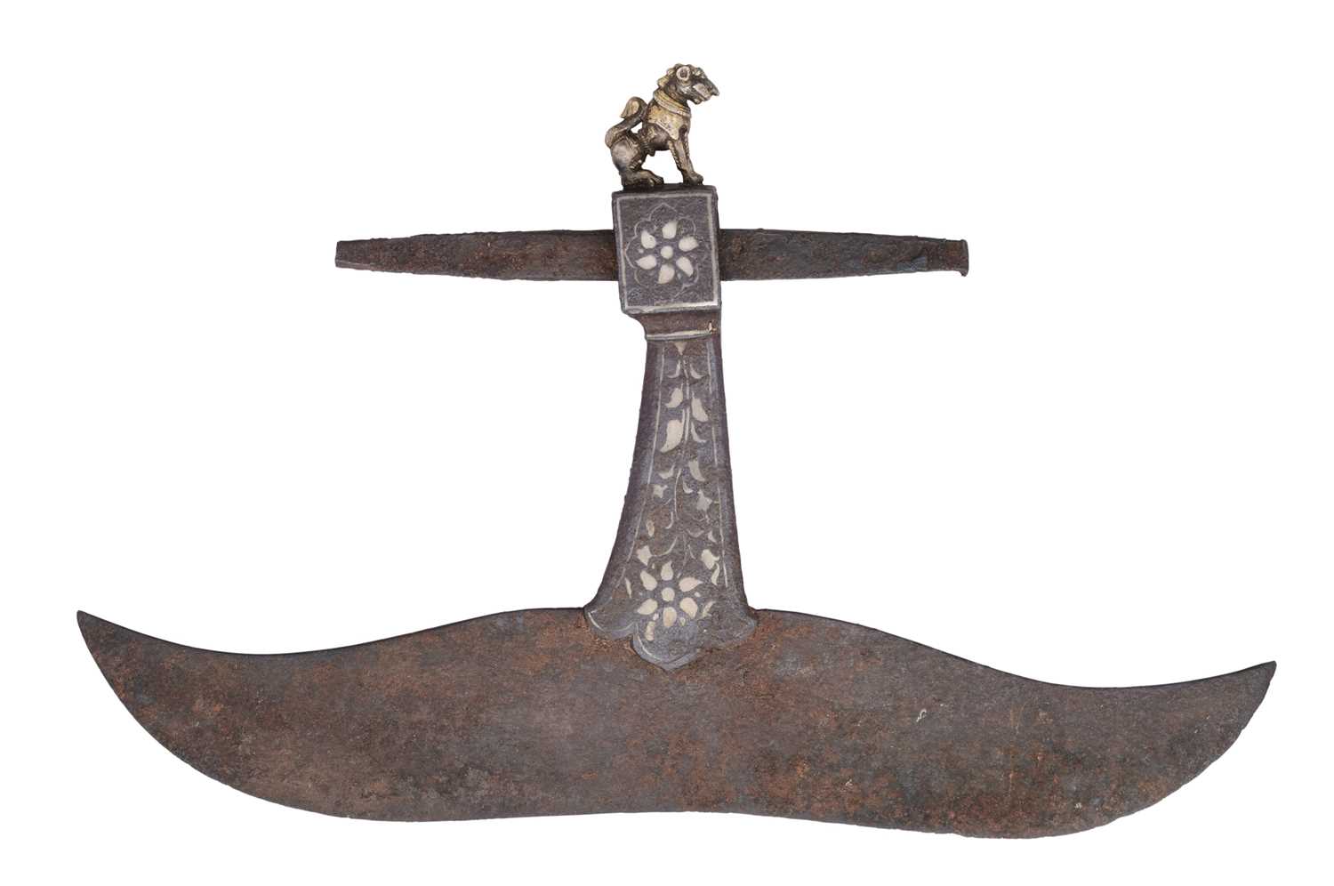 Lot 13 - AN INDIAN AXE-HEAD MOUNTED WITH A YALI, 18TH/19TH CENTURY