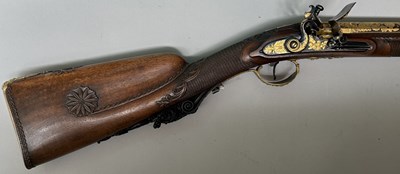 Lot 57 - A FINE AND RARE FRENCH 15 BORE FLINTLOCK SILVER-GILT MOUNTED WILDFOWLING GUN OF PRESENTATION QUALITY