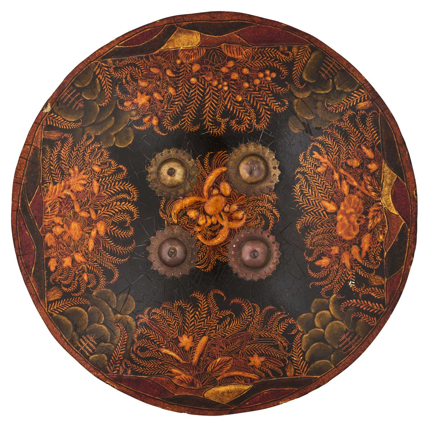 Lot 40 - A RARE INDIAN LACQUERED HIDE DHAL, 19TH CENTURY, PROBABLY RAJPUT