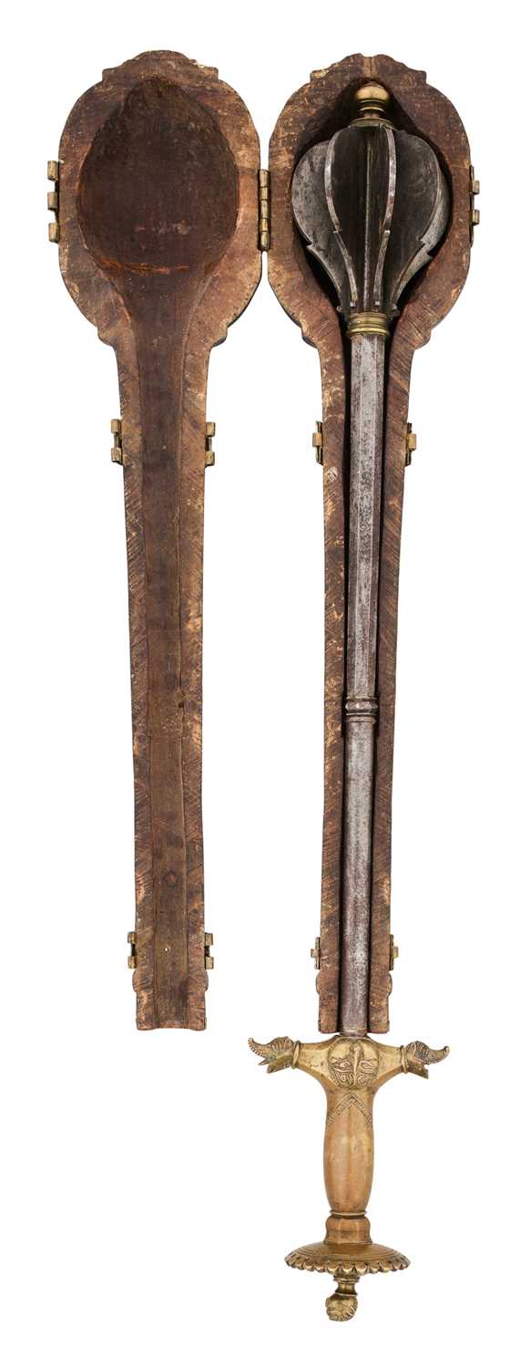 Lot 12 - A VERY RARE CASED INDIAN ALL-METAL MACE, 18TH/19TH CENTURY, SOUTH INDIA, POSSIBLY MYSORE OR TANJORE