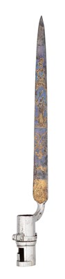 Lot 52 - AN UNUSUAL FRENCH SOCKET BAYONET WITH ETCHED, BLUED AND GILT BLADE, LATE 18TH CENTURY