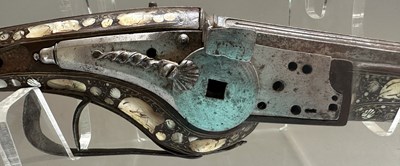 Lot 56 - A VERY RARE FRENCH 54 BORE WHEEL-LOCK LONG HOLSTER PISTOL, ALSACE OR LORRAINE, EARLY 17TH CENTURY