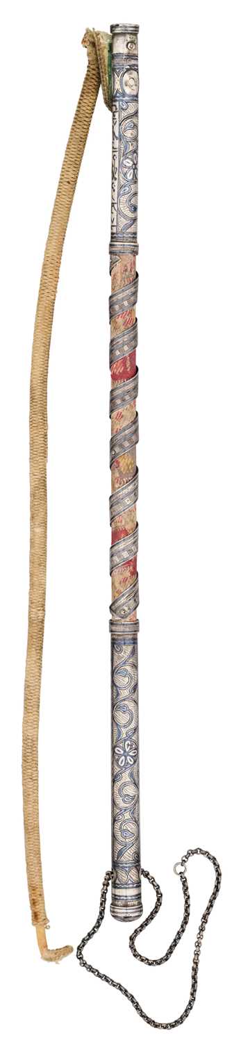 Lot 31 - A CAUCASIAN RIDING CROP WITH NIELLOED SILVER MOUNTS, DATED 1360 AH CORRESPONDING TO 1941 AD