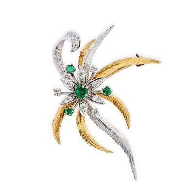 Lot 338 - EMERALD AND DIAMOND BROOCH, 1960s