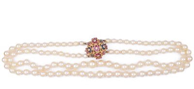 Lot 797 - CULTURED PEARL, RUBY, SAPPHIRE AND DIAMOND NECKLACE