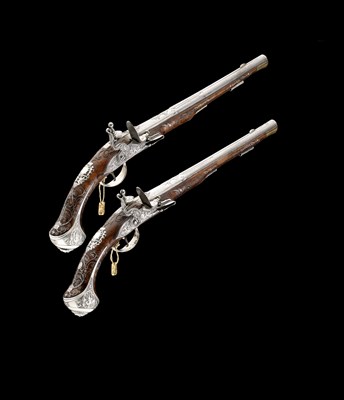 Lot 229 - AN EXCEPTIONAL PAIR OF BOHEMIAN SILVER-MOUNTED FLINTLOCK HOLSTER PISTOLS BY PAUL POSER IN PRAG