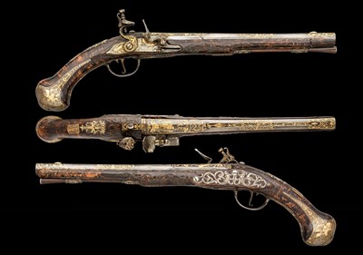 Lot 240 - A FINE PAIR OF CARLSBAD GOLD-DAMASCENED FLINTLOCK HOLSTER PISTOLS BY FRANZ BREITENFELDER