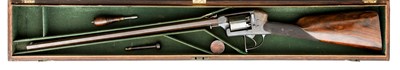 Lot 436 - A RARE CASED 32 BORE ADAMS PATENT DOUBLE ACTION PERCUSSION REVOLVING RIFLE BY DEANE ADAMS AND DEANE