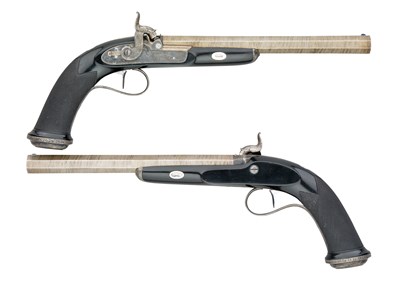 Lot 450 - A FINE PAIR OF 50 BORE PERCUSSION DUELLING PISTOLS BY J. PURDEY