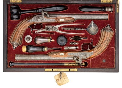 Lot 451 - A CASED PAIR OF .577 CALIBRE BELGIAN RIFLED PERCUSSION TARGET PISTOLS BY J.  B. RONGÃ‰ FILS A LIEGE