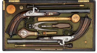 Lot 452 - A CASED PAIR OF FRENCH 34 BORE RIFLED PERCUSSION TARGET PISTOLS BY LAROCHE FILS A LAVAL