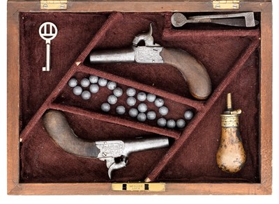 Lot 454 - A CASED PAIR OF 140 BORE PERCUSSION POCKET PISTOLS BY VENABLES